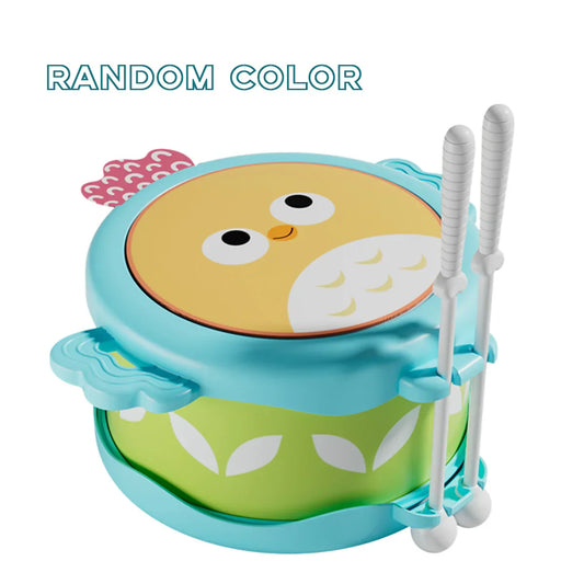 Cute turquoise and green owl double sided drum with white leaf patterns education musical instrument for motor skills hand development