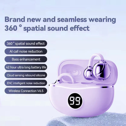 Purple ows wireless fone bluetooth headset with mic noise canceling earphones and glossy charging case for ear music sports