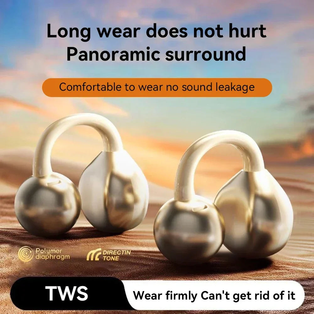 Silver teardrop in-ear wireless headphones with metallic finish and curved hooks noise canceling earphones for sports gaming