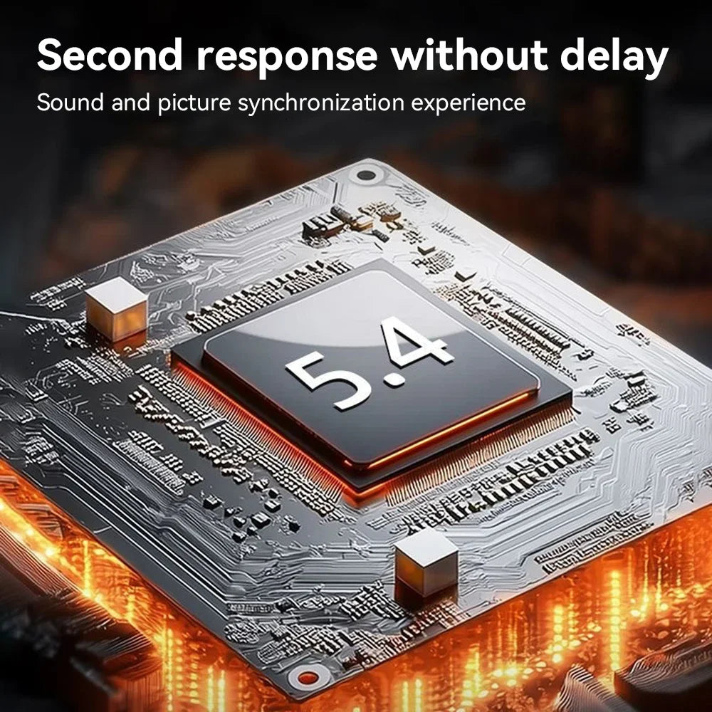 A sleek black 5.4-generation processor chip on a silver motherboard for noise canceling earphones and fone bluetooth headset