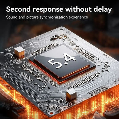 A sleek black 5.4-generation processor chip on a silver motherboard for noise canceling earphones and fone bluetooth headset