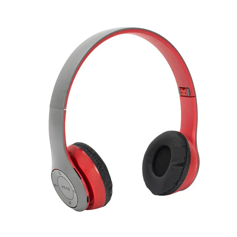 Red and gray p47 wireless bluetooth foldable headsets bass with black padded earcups for music stereo headphone use
