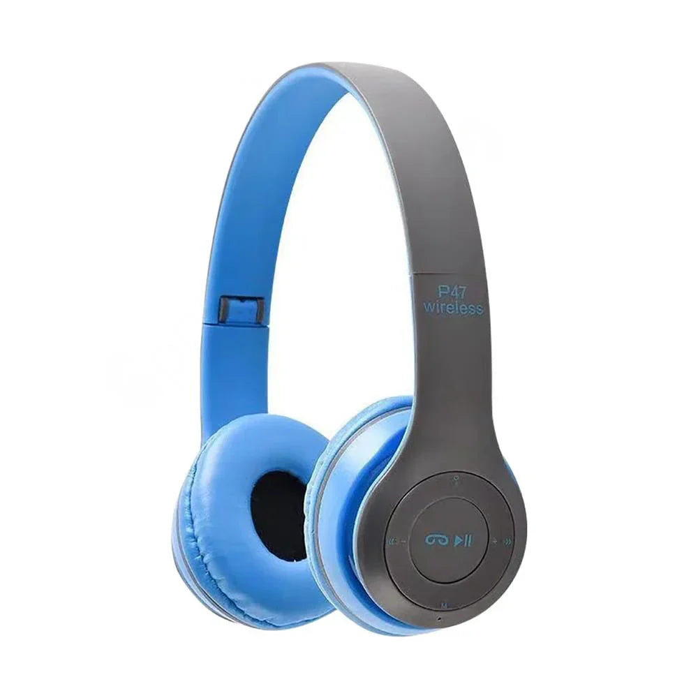 Blue and gray p47 wireless bluetooth headphone with microphone foldable headsets and padded earcups for music stereo earphone use