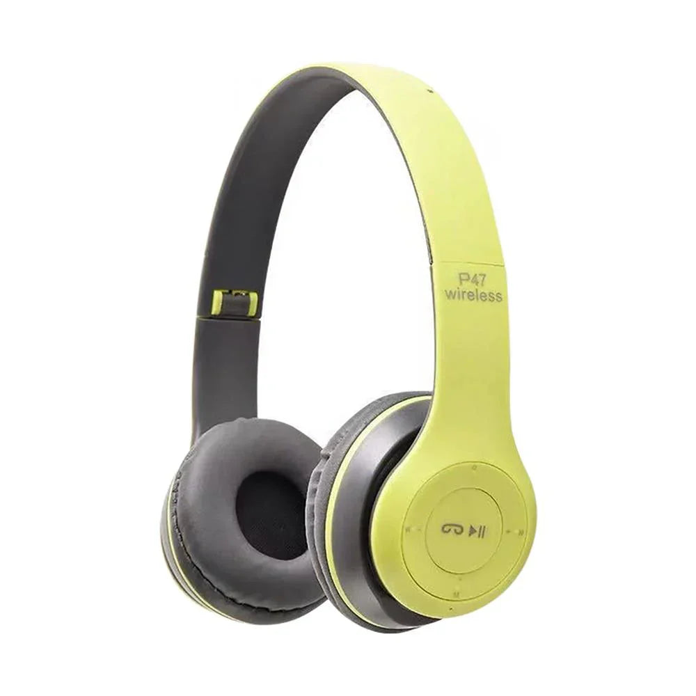 Lime green and black p47 wireless bluetooth microphone foldable headsets with sleek design for music stereo earphone use