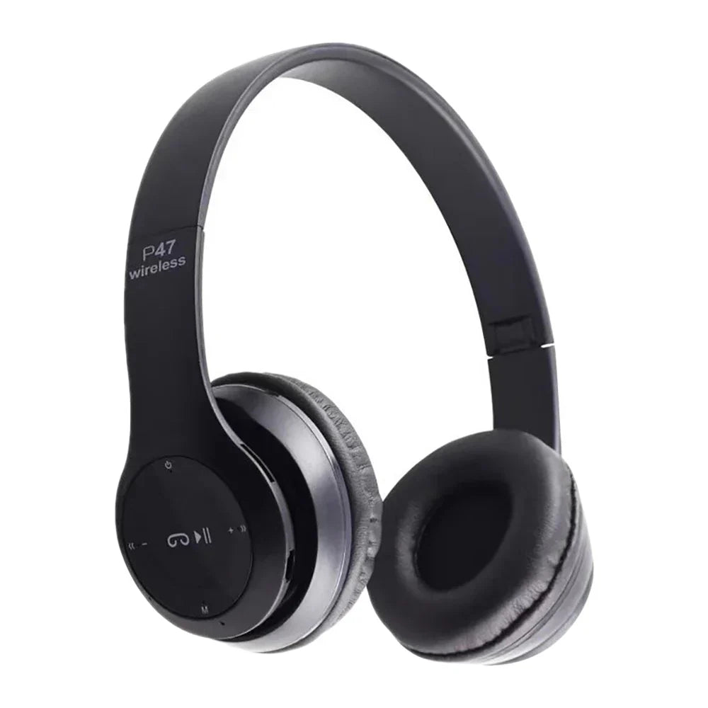 Black p47 wireless bluetooth headphone with microphone foldable headsets and soft leatherette music stereo earphone