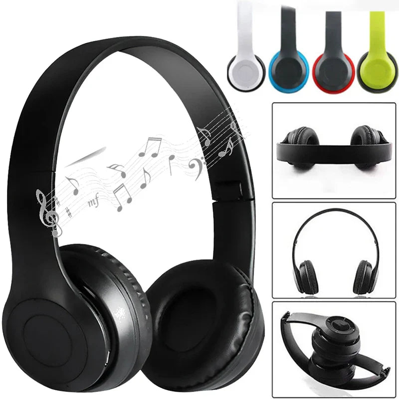 Black p47 wireless bluetooth over-ear headphones with microphone foldable headsets and padded earcups for music stereo earphone use