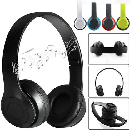 Black p47 wireless bluetooth over-ear headphones with microphone foldable headsets and padded earcups for music stereo earphone use