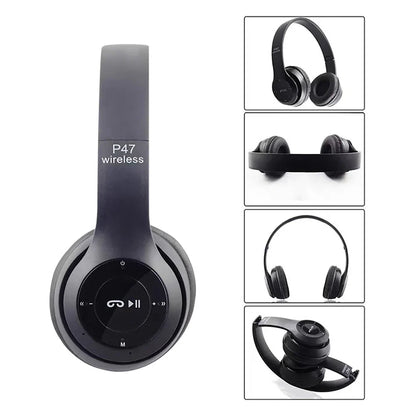 Black p47 wireless bluetooth over-ear headphones with matte finish microphone foldable headsets music stereo earphone