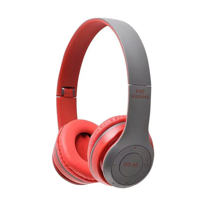 Red and gray p47 wireless bluetooth headphone with microphone foldable headsets and padded earcups for music stereo earphone use