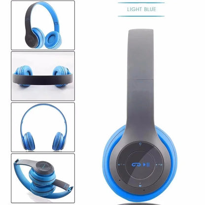 Light blue p47 wireless bluetooth microphone foldable headsets with gray accents and bass hifi sound for stereo music