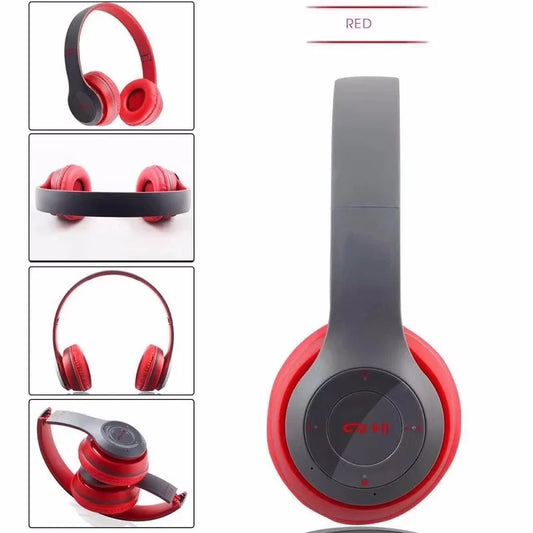 Red and black p47 wireless bluetooth foldable headsets with microphone bass hifi sound for smartphones tv game