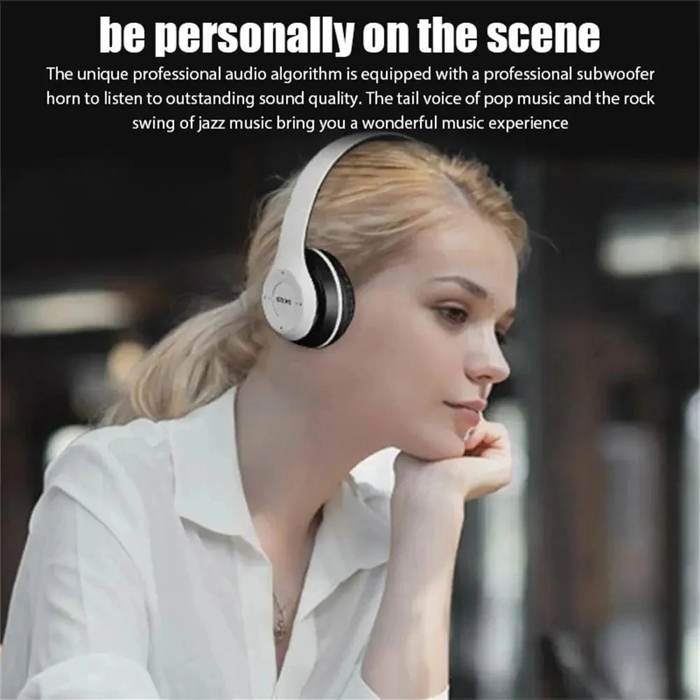 White p47 wireless bluetooth headphone with black accents microphone foldable headsets bass hifi sound for music and gaming