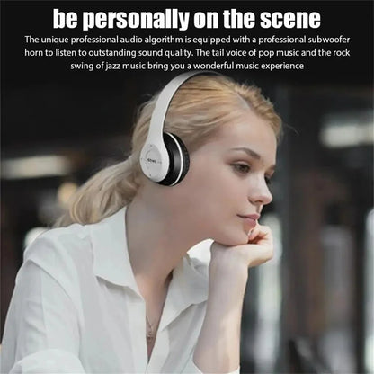 White p47 wireless bluetooth headphone with black accents microphone foldable headsets bass hifi sound for music and gaming
