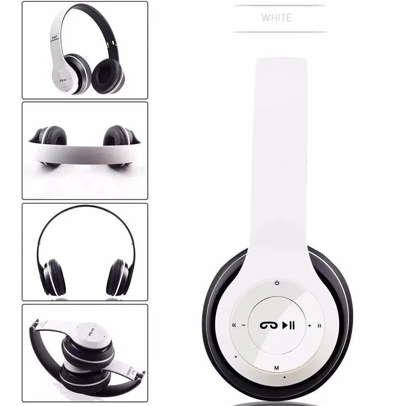 White and black p47 wireless bluetooth headphone with microphone foldable headsets and bass hifi sound featuring touch controls