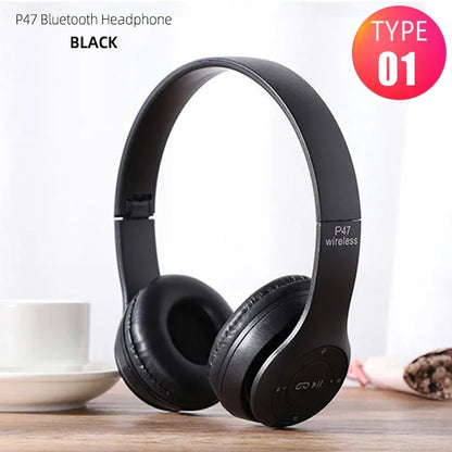 Black p47 bluetooth earphones foldable hifi with soft cushions and hifi stereo bass for gaming kid girl use