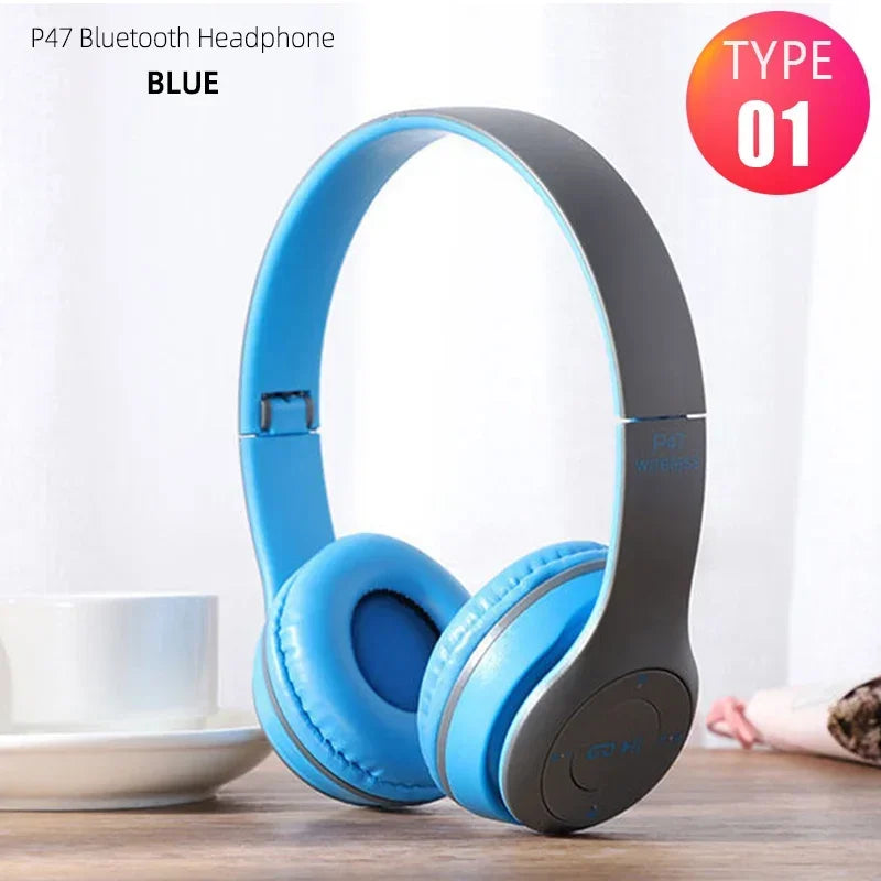 Blue p47 wireless headphones with foldable hifi design and soft ear cushions for gaming kid girl hi fi stereo bass