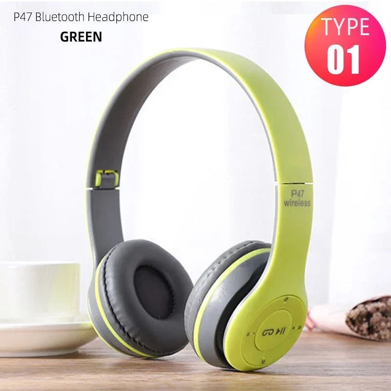 Lime green and gray p47 bluetooth earphones foldable hifi stereo bass headphones for gaming kid girl use
