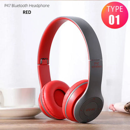 Red and gray p47 wireless headphones with bluetooth 5.0 earphones foldable hifi stereo bass for gaming kid girl use