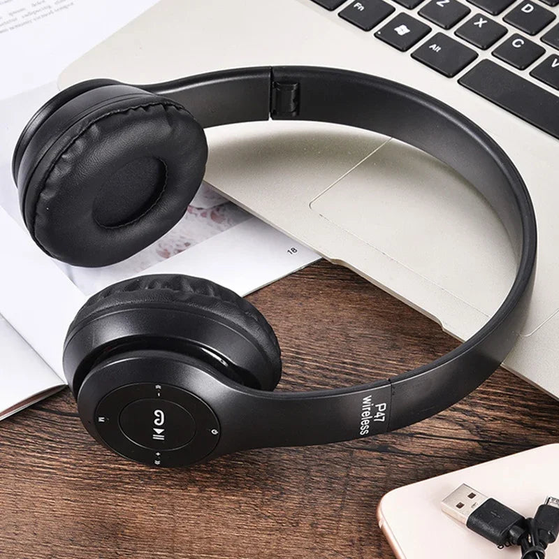 Black wireless over-ear headphones with padded earcups foldable hifi stereo bass ideal for gaming kid girl use