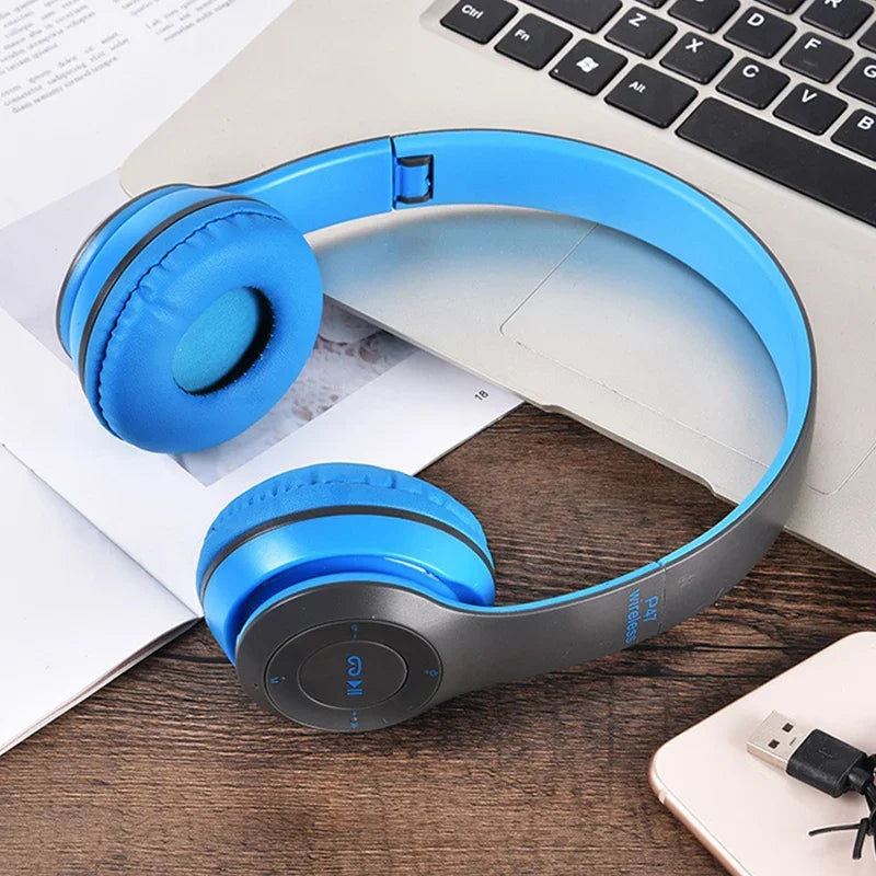 Blue and gray p47 wireless headphones with padded earcups foldable hifi stereo bass for gaming kid girl use
