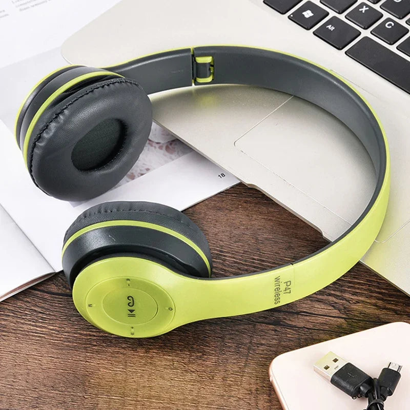 Lime green and black p47 wireless earphones foldable hifi headphones with padded earcups for gaming kid girl and hifi stereo bass