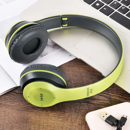 Lime green and black p47 wireless earphones foldable hifi headphones with padded earcups for gaming kid girl and hifi stereo bass
