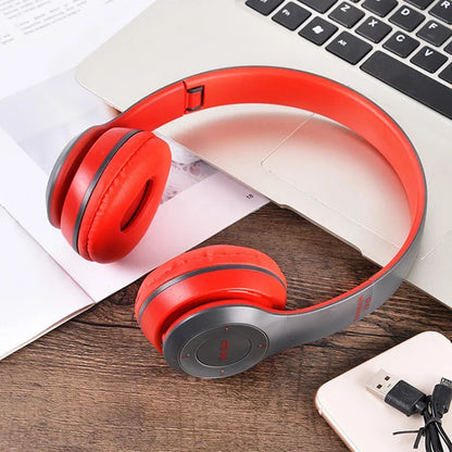 Red and gray foldable P47 wireless headphones with padded earcups featuring hifi stereo bass for gaming kid girl use