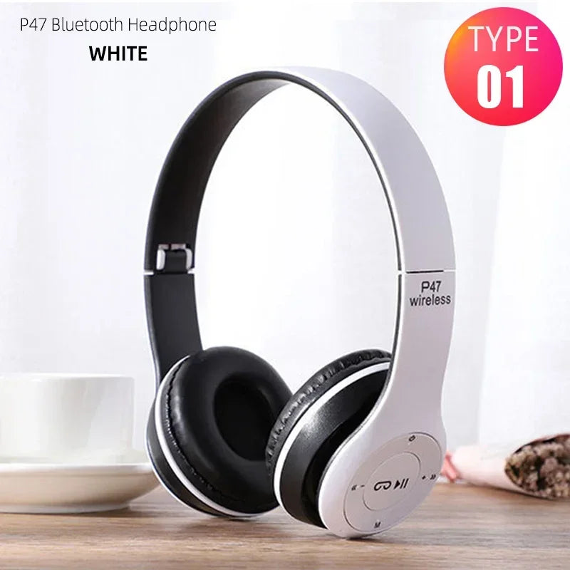 White p47 wireless headphones bluetooth 5.0 with black earcups foldable hifi stereo bass for gaming kid girl use