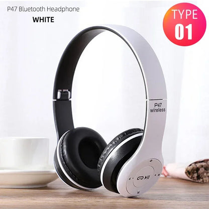 White p47 wireless headphones bluetooth 5.0 with black earcups foldable hifi stereo bass for gaming kid girl use