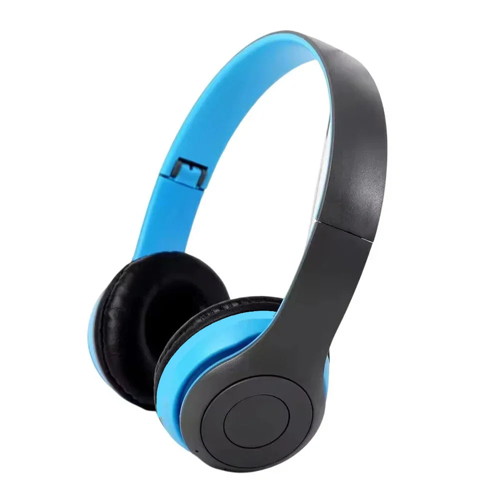 Blue and black foldable wireless P47 headphones with padded earcups featuring hifi stereo bass for gaming kid girl use