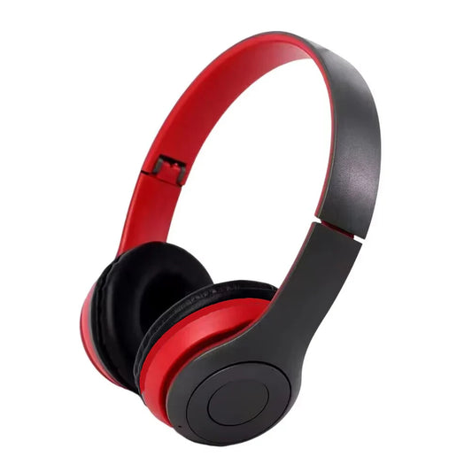 Red and black over-ear foldable hifi stereo bass wireless headphones for gaming kid girl with bluetooth 5.0 connectivity