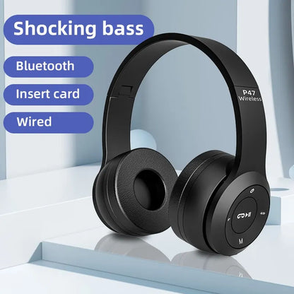 Black p47 wireless headphones with sleek matte finish and circular controls featuring hifi stereo bass for gaming kid girl use
