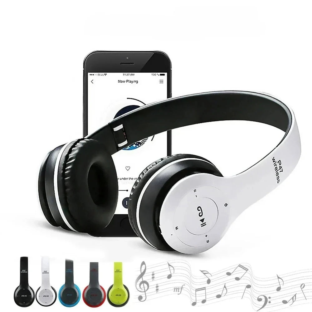 White and black p47 wireless headphones with foldable hifi stereo bass designed for gaming kid girl and smartphone use