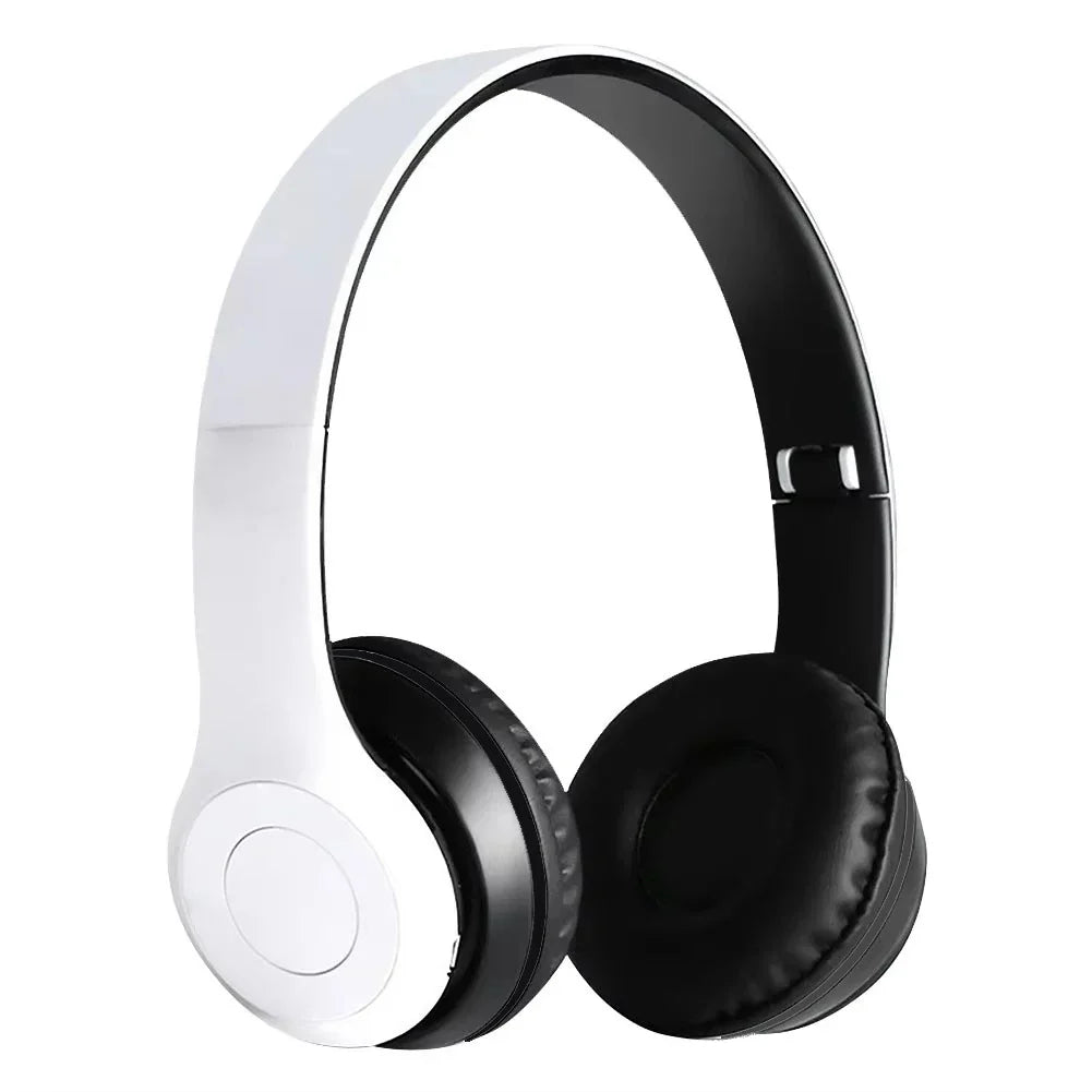 White and black over-ear wireless P47 headphones with foldable hifi stereo bass for gaming kid girl and smartphone use