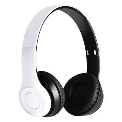 White and black over-ear wireless P47 headphones with foldable hifi stereo bass for gaming kid girl and smartphone use