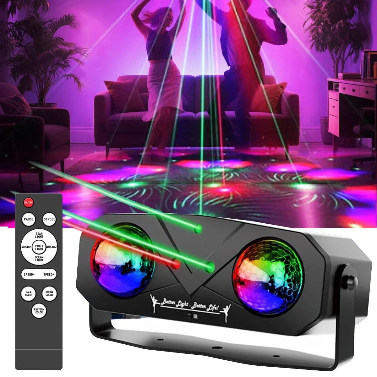 Black laser light party disco ball with two disco light strobe lenses emitting colorful beams for control stage rave use