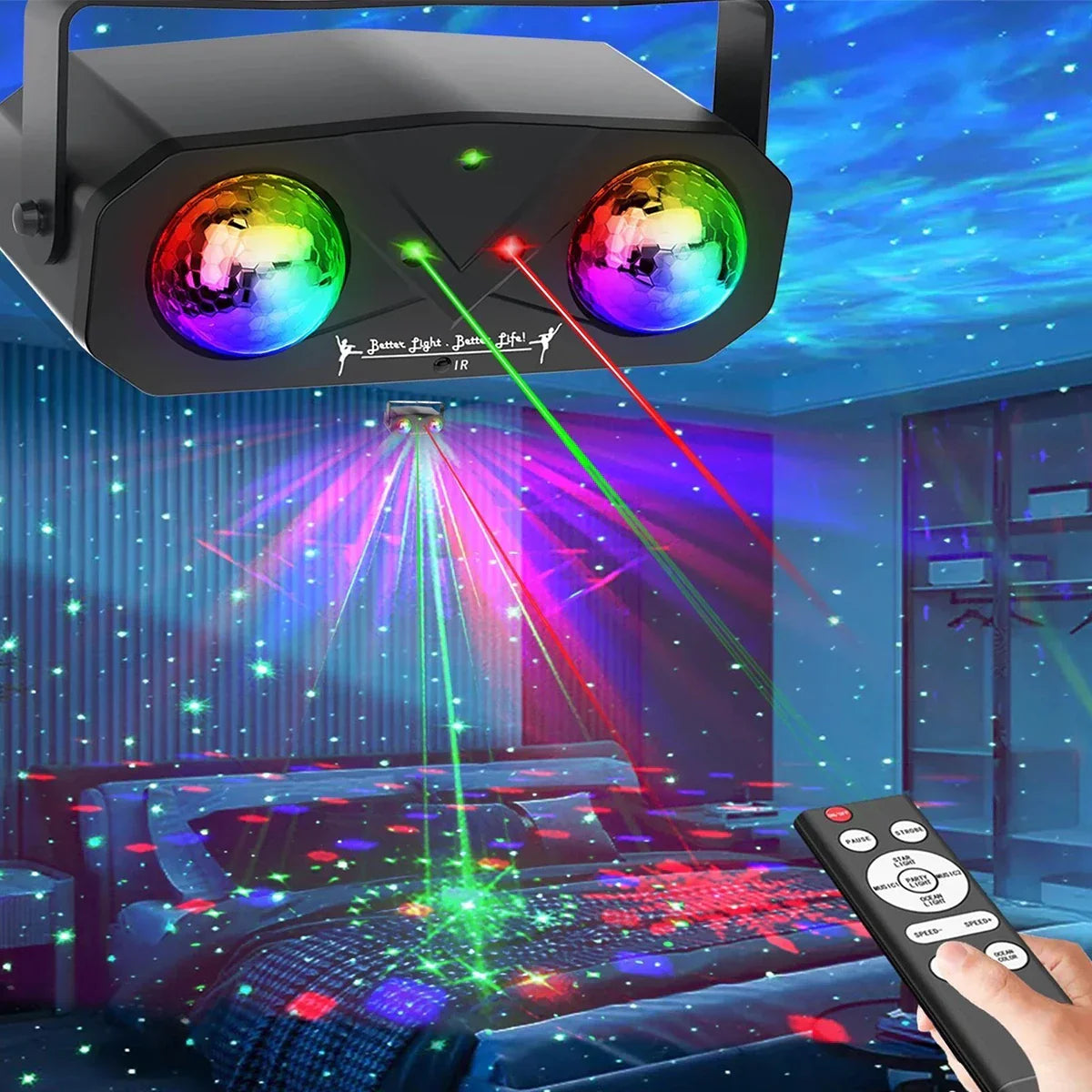 Black laser light party disco ball with rainbow disco light strobe and green red lasers for control stage rave use