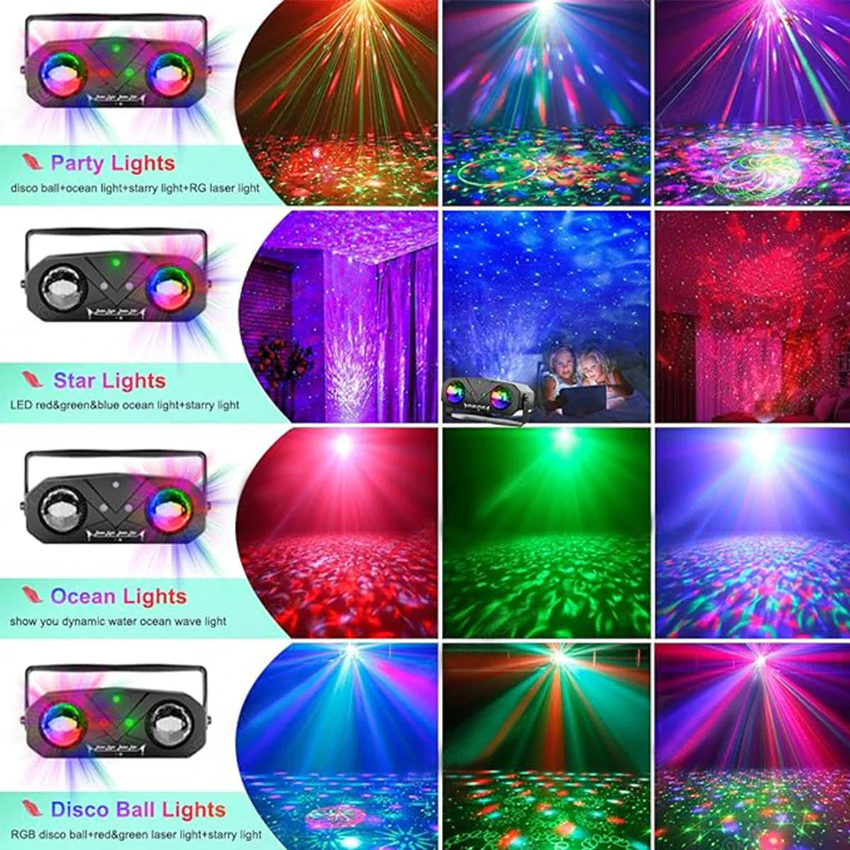 Black rectangular party disco ball projector with circular lenses and control knobs for disco light strobe and stage rave