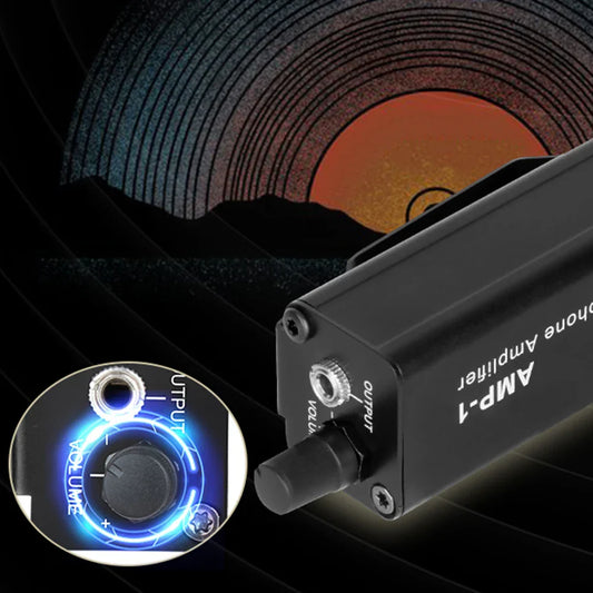Black rectangular aluminum alloy passive amplifier with silver knobs labeled amp-1 for stage performance studio hifi headphone amplifier audio interface hifi