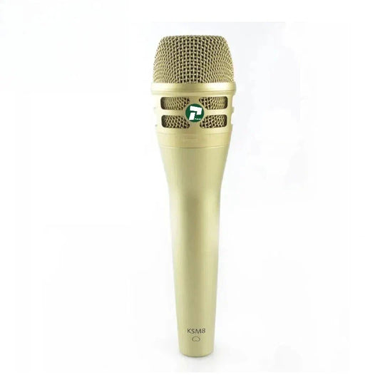 Gold-colored handheld paulkitson microphone ksm8 with mesh grille for professional studio recording audio equipment use