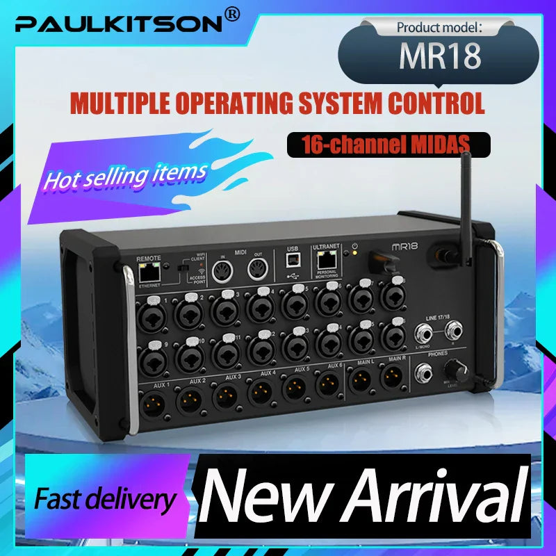 Black paulkitson mr18 rack 16-channel midi studio recording console with connectivity ports and antenna for ipad android tablets