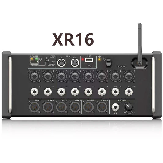 Black Behringer xr16 audio mixer with silver accents and multiple ports for paulkitson mr18 rack studio recording console use with ipad android tablets