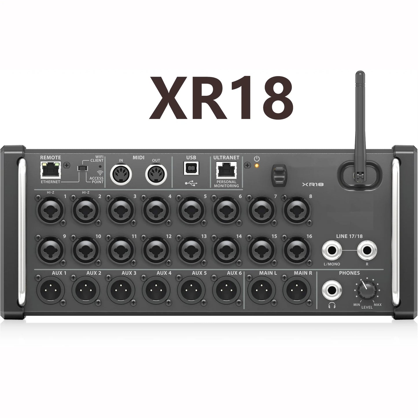 Black paulkitson mr18 rack mounted digital studio recording console with multiple ports and wireless antenna for ipad android tablets