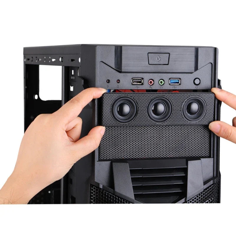 Black plastic pc front panel with three circular panel speaker stereo and built in mic loudspeaker for surround computer cases