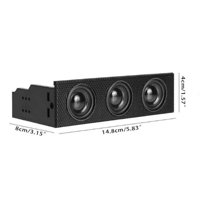 Black rectangular panel speaker stereo with three circular drivers and built in mic loudspeaker for surround computer use