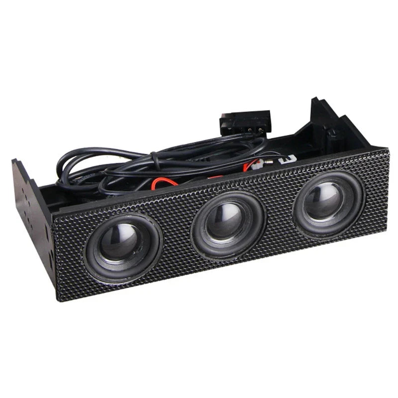 Black rectangular panel speaker stereo with three circular drivers and built-in mic loudspeaker for surround computer use