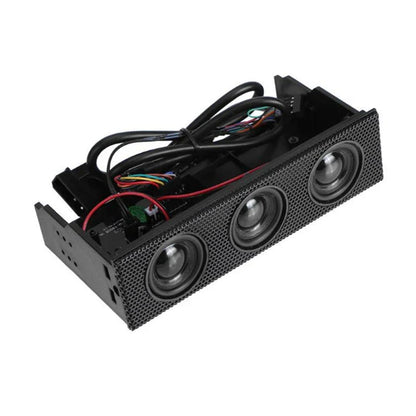 Black rectangular pc front panel speaker stereo with three drivers and perforated grille for surround computer use