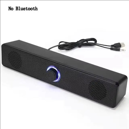 Black rectangular usb powered soundbar with textured surface and blue led ring for gaming home theater and bluetooth speaker usb use