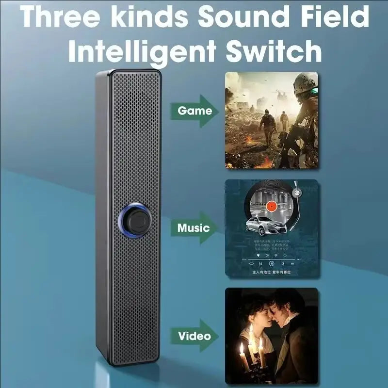 Black usb powered soundbar with perforated grille and blue-lit control button bluetooth speaker usb for gaming home theater