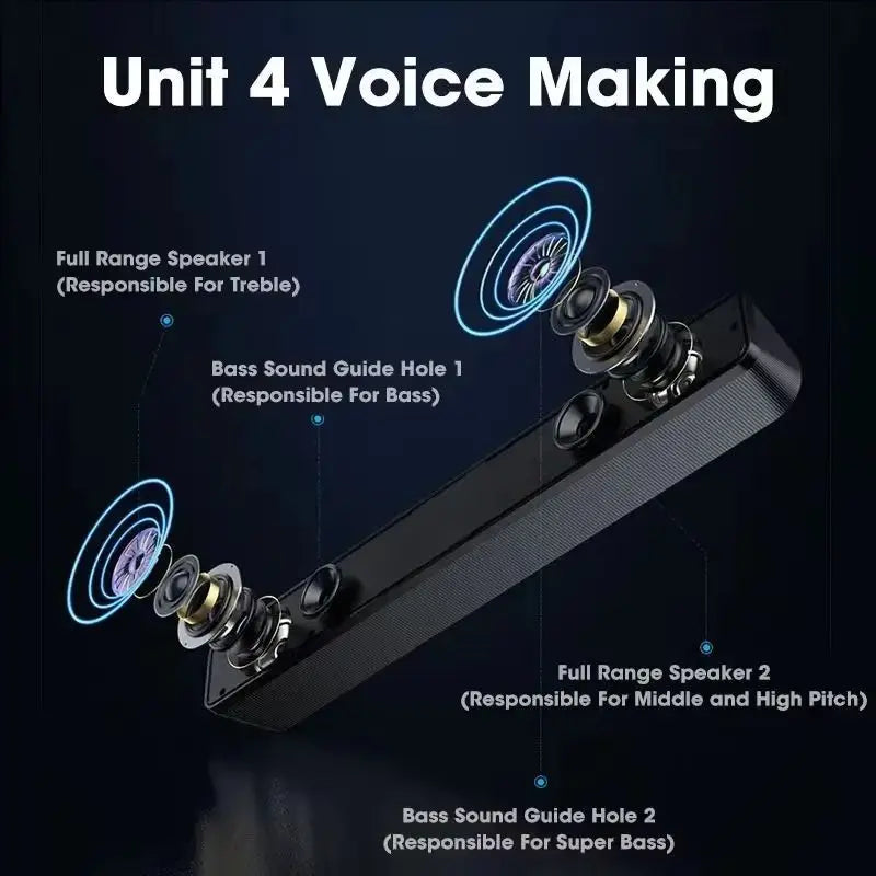 Black rectangular usb powered soundbar with two full-range speakers and dual bass holes for gaming home theater audio